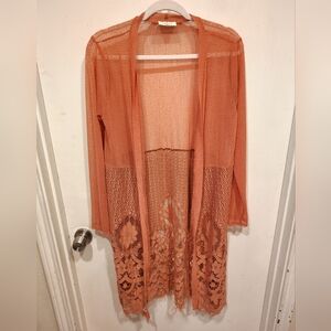 Ember Mauve Pink Mesh Lace Longline Kimono Duster Cardigan Sz M Fairy Grunge